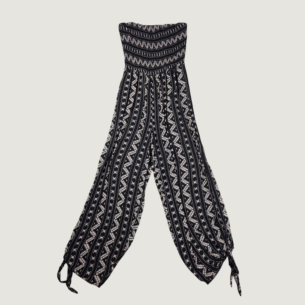 Urban Outfitters Strapless Smocked Geometric Tribal Print Jumpsuit Black White M